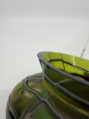 Pallme König & Habel Art Nouveau Iridescent Fadendekor Green Glass Vase Chips