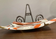 Hand Made Fused Art Glass Trinket Dish Plate Orange Gray Cream Swirl Curved