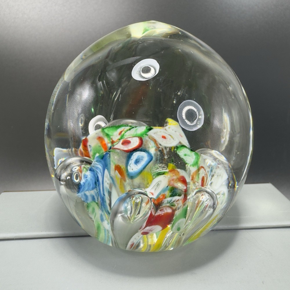 Hand Blown Art Glass Paperweight With Large Bubbles Multicolored Millefiori VTG
