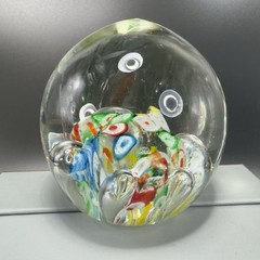 Hand Blown Art Glass Paperweight With Large Bubbles Multicolored Millefiori VTG