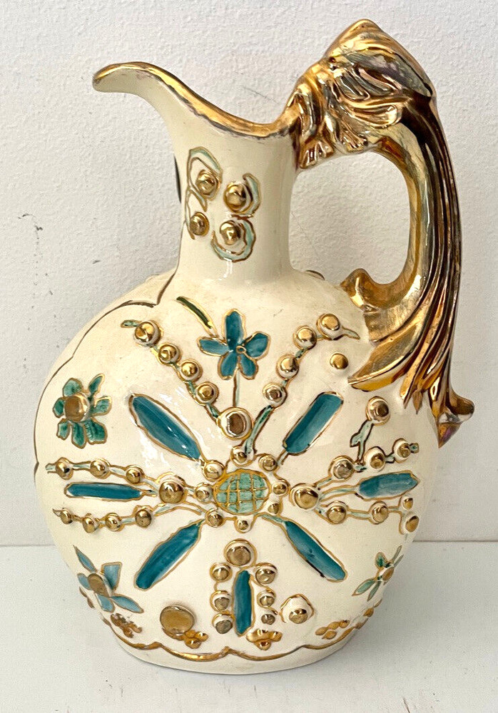 Vtg Ceramic Hand Painted Pitcher Gilded Gold Aqua White Molded 3D Design 8.75″