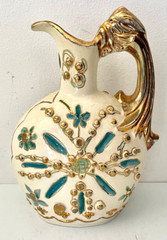 Vtg Ceramic Hand Painted Pitcher Gilded Gold Aqua White Molded 3D Design 8.75″