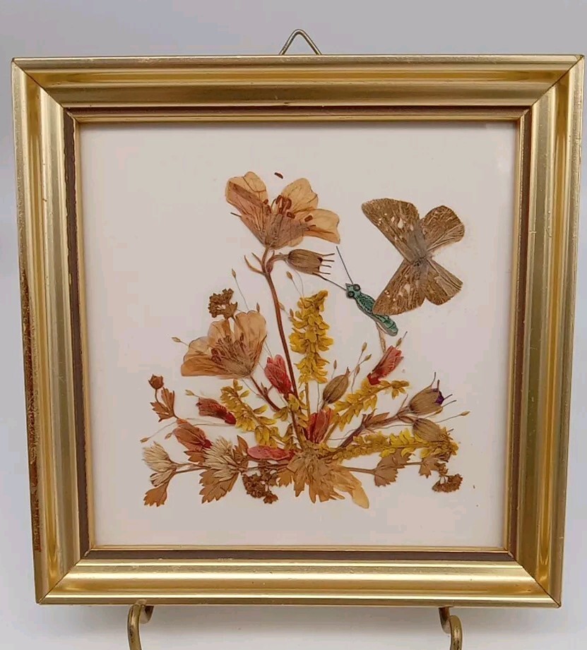 Vintage Gold Framed Dried Pressed Flowers Butterfly Reichlin Switzerland 5 X 5