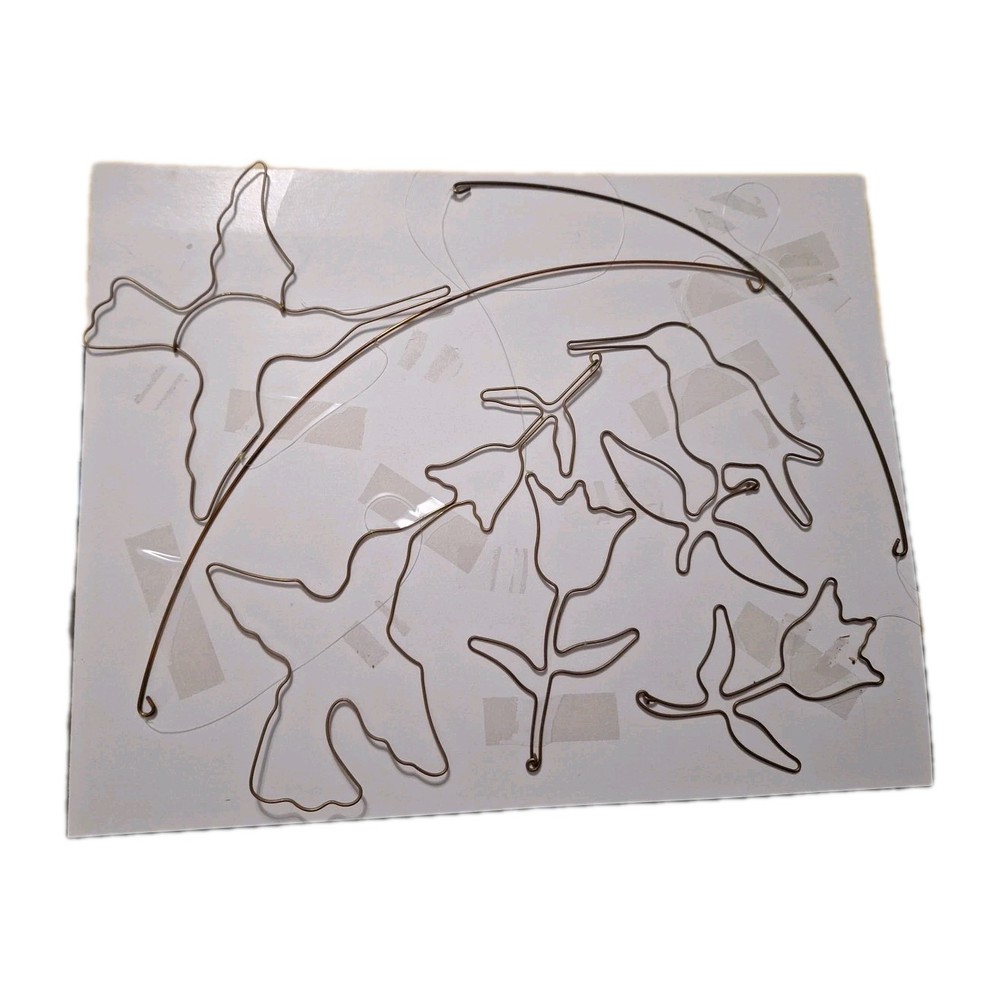 New Vtg Folk Art Free-form Brass Wire Art Hummingbirds Flowers Mobile 1990’s