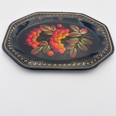 Painted Metal Mini Tray Folk Art Toleware Style Black w/ Red Orange Berries