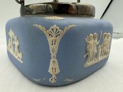 Rare Wedgwood Blue Jasperware Biscuit Barrel Square Metal Lid England 5 3/4” Sq