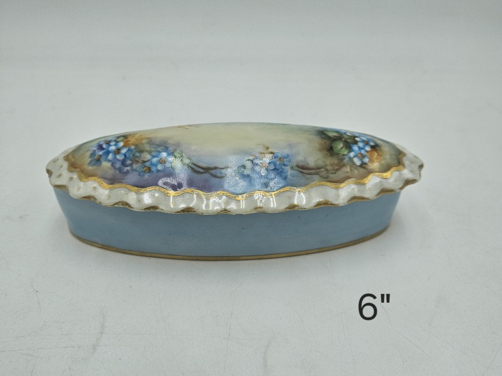 Antique Art Nouveau Oval Floral Porcelain Trinket Box Blue 6″