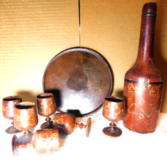 Unbranded~Wooden Folk Art Decanter with 6 Stem Cups and Serving Tray Vintage
