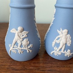 Wedgwood Blue Jasperware Four Seasons Cherubs Salt & Pepper AND Pair Bud Vases