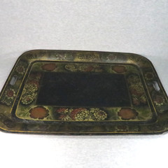 Antique Toleware Pair of Metal Trays Black Hand Painted Floral Stenciled 24″x18″