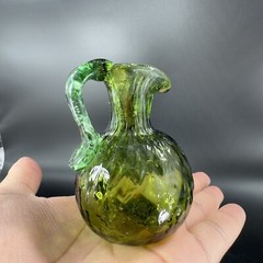 Hand Made Art Glass Green Optic Jug Miniature Pitcher Hand Blown Glass Decor VTG