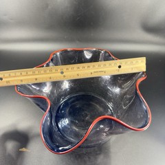 Boatman Studio Art Glass Hand Blown Bowl Dish Crackle Blue Glass Red Edges VTG