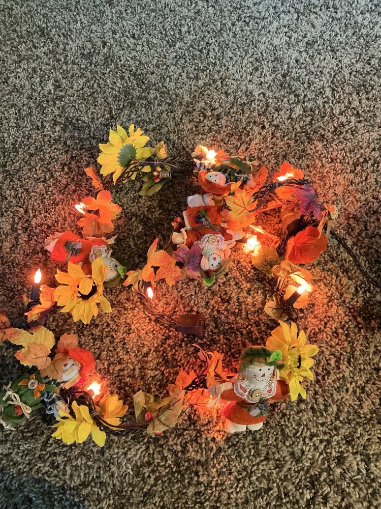 Avon Lighted Harvest Garland Scarecrows Sunflowers Orange Light Set Working