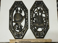 1968 HOMCO SET 2 WALL PLAQUES MEDIEVAL 7103 7105 BLACK BRONZE DECOR GOTHIC USA