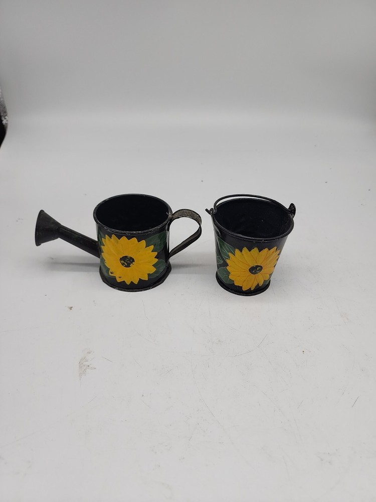 Vintage Miniature Metal Watering Can & Bucket Painted Sunflowers, 2″-3″ Tall