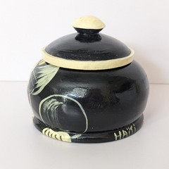 Vintage Hand Painted Wood Black Tuxedo Cat Trinket Box Dish w/Lid Folk Art Haiti
