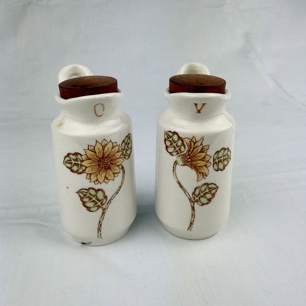 Vintage Vinegar and Oil Ceramic Bottles W/ Cork Stoppers, Japan with sunflowers