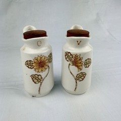 Vintage Vinegar and Oil Ceramic Bottles W/ Cork Stoppers, Japan with sunflowers