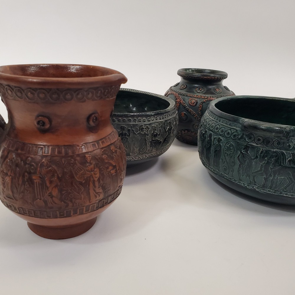 Vintage Greek Souvenir Pottery Set 4 Terracotta Relief Bowls Pitcher Jar Greece