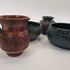Vintage Greek Souvenir Pottery Set 4 Terracotta Relief Bowls Pitcher Jar Greece