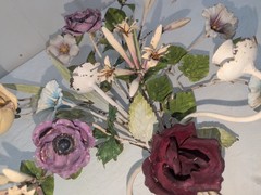 Gorgeous Large Italian Tole Painted Metal Flowers Roses Wall Sconce 3 Candle