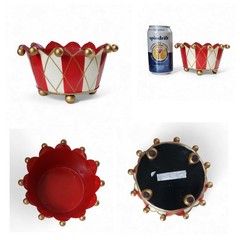 Hollywood Regency Red Tole Cachepot Bowl Gold Crown Centerpiece MCM