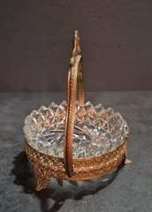Vintage Ornate Cut Glass Trinket Bowl w/Brass Holder – 5″ Tall- Damage-*READ*