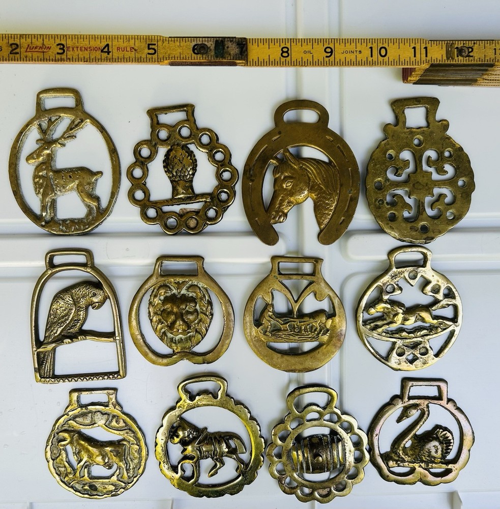 Lot of 12 Vintage Brass Horse Harness Medallions Decorative Tack