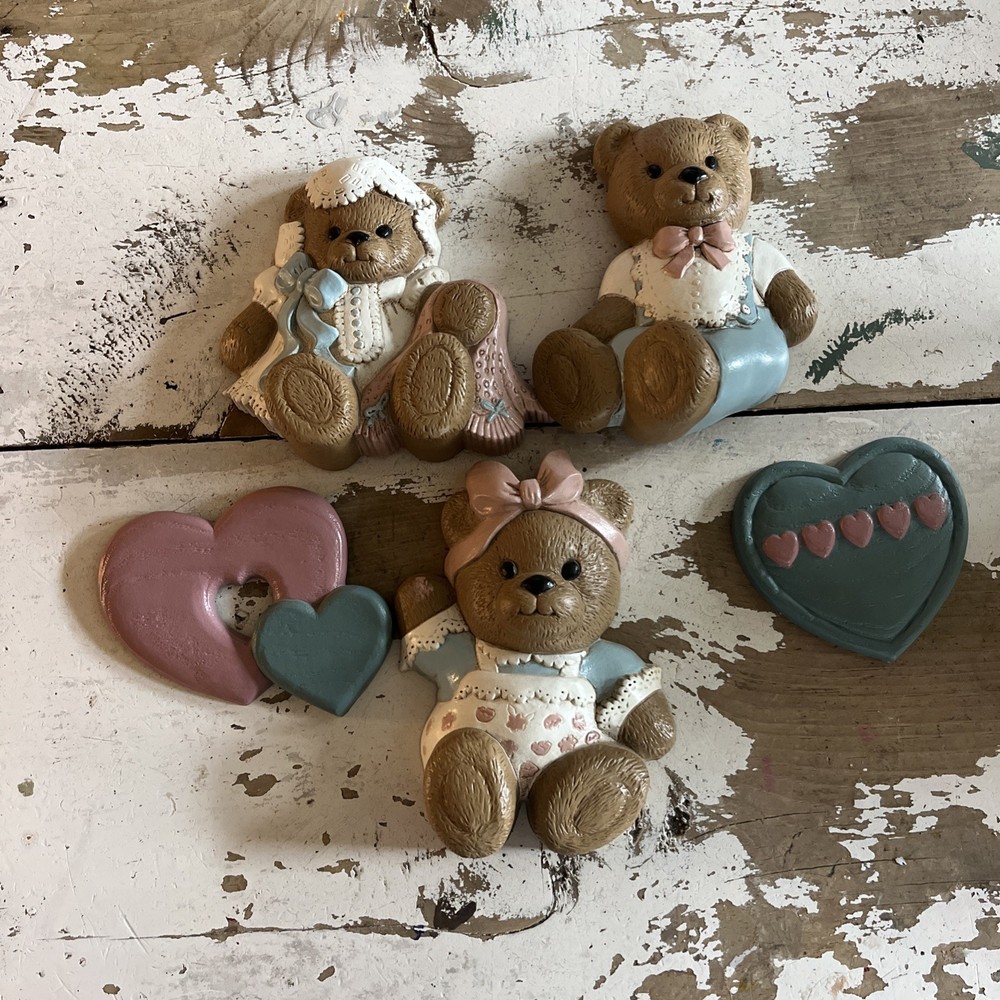 HOME INTERIORS BURWOOD RETIRED 1994 TEDDY BEAR TRIO With 2 Hearts