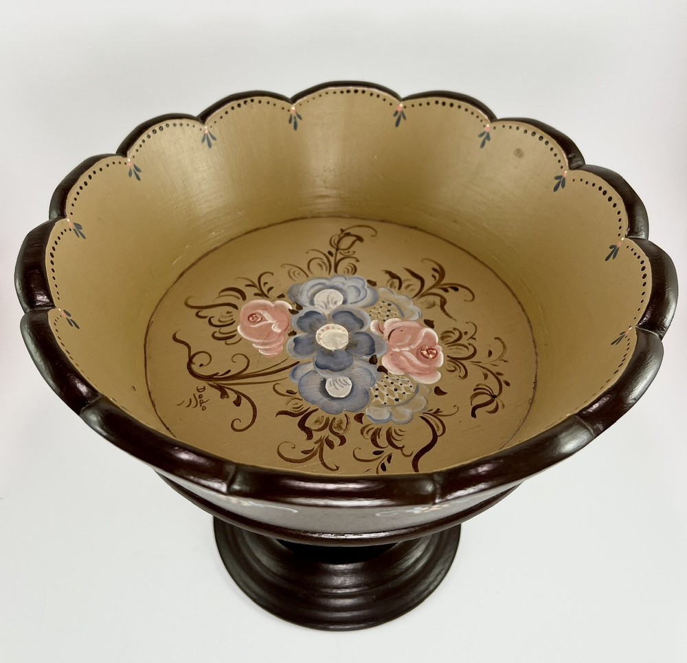 Vintage Norwegian Hand Painted Wood Rosemaling Fruit Bowl Pedestal
