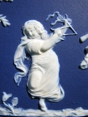 WEDGWOOD LIKE RARE DARK BLUE DIP PLAQUE OF CUPIDS & BOY TAMBORINE, GIRL TRIANGLE