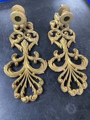 2 Burwood Products Gold Tone Wall Art Candle Plastic Holder Sconces Vintage 15″