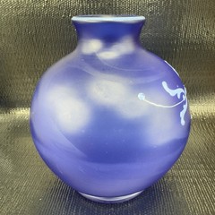 Vintage Bohemian Hand Blown Art Glass Enameled Flower Paint Vase Bowl Blue VTG