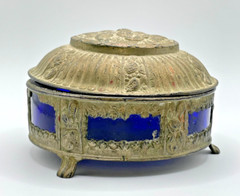 Vintage Art Nouveau Silver Over Pewter Lidded Candy Bowl Cobalt Blue Glass
