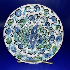 VINTAGE 6” IKAROS POTTERY RHODES GREECE WALL PLATE BLUES GREENS FLORAL FEATHER