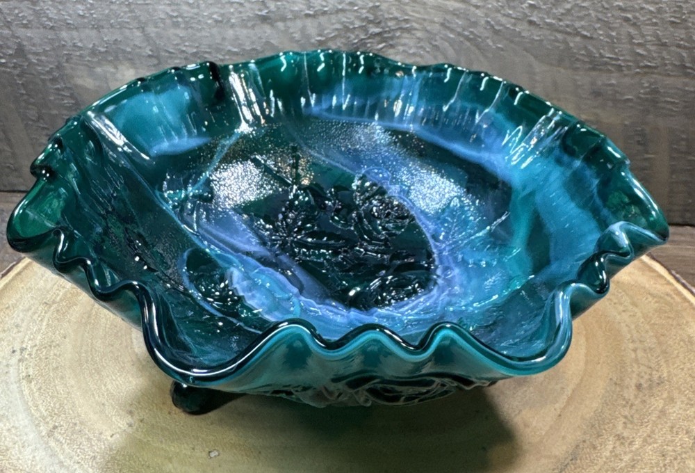 Vtg Imperial Glass GREEN SWIRL ROSE FLORAL Footed Bowl Compote Ruffled Rim