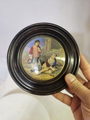Antique vtg Victorian Framed Wall Hanging English Prattware Pot Lids Couple-READ