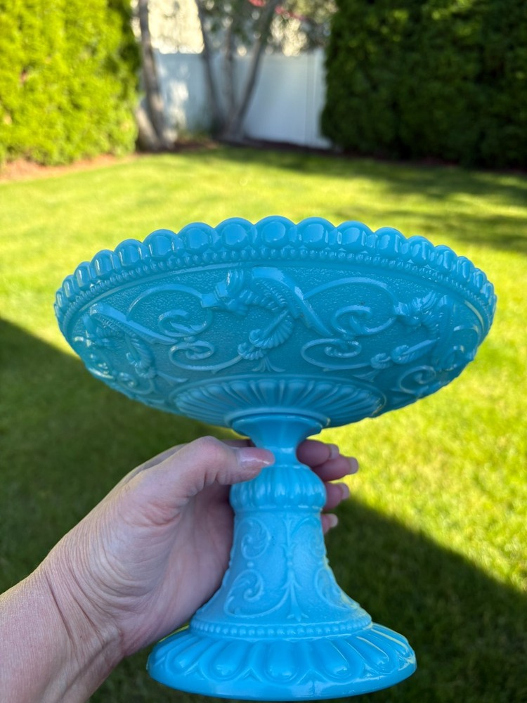 Opaline Blue Milk Glass Portieux Vallerysthal PV Griffin Phoenix Dragon Compote