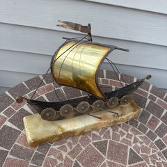 John DeMott Brass Sailboat On Onyx Viking Ship Sculpture Vintage Rare Type 13”