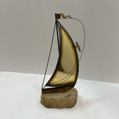 DeMott Brass Sailboat Sculpture Quartz Stone Base Signed MCM Brutalist 9 1/2”