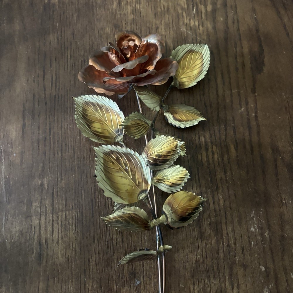 Vintage HOMCO Copper Brass 14” Long Stem Rose/Leaves 3D Metal Wall Art