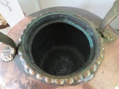 Old Copper TILTING TEA KETTLE on Ornate BRASS STAND White Porcelain Handles