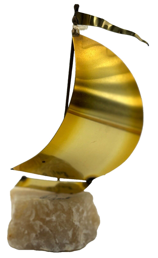 Vintage DeMott Signed Brass Sail Boat Sculpture w/ Onyx Base Nautical, Orig. Tag