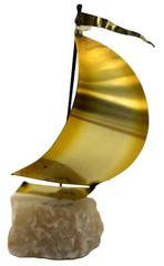Vintage DeMott Signed Brass Sail Boat Sculpture w/ Onyx Base Nautical, Orig. Tag