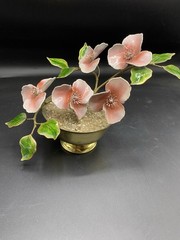 Vtg Metal & Enamel Floral Flower Arrangement MCM Brass Yellow 8” Wide