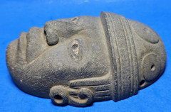 PRE COLUMBIAN AZTEC STONE DIGNATARY PENDANT MASK W BONE INCRUSTATIONS