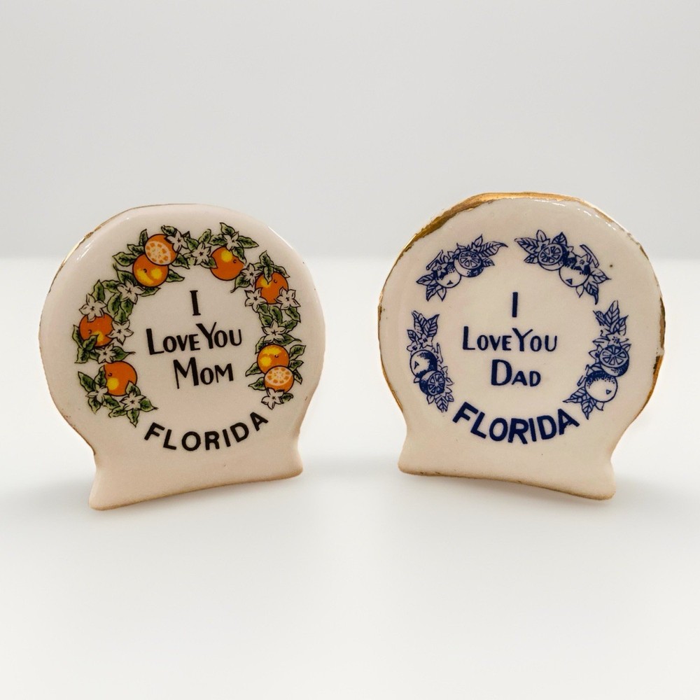 Vintage Porcelain Florida Orange Souvenir Toothpick Holders “I love you Mom/Dad”