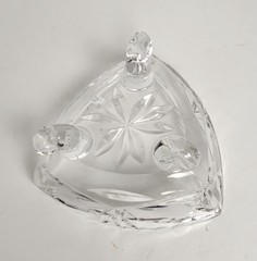 Vintage heavy Hand Cut Lead Crystal Triangle Shaped 3 footed candy dish with lid