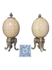 Set Of 2 Alabaster Egg on Three Legged Brass Stand with Elephants HEAVY!!