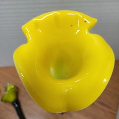 Art Glass Hand Blown Calla Lily Tulip, Yellow Teal Vase 13″ with flowers